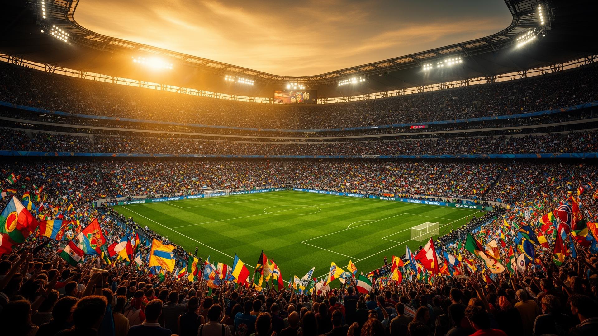 Packed World Cup stadium at golden hour